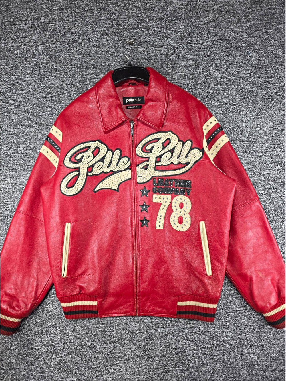 Pelle Pelle Men's Red Studded Bomber Jacket Full Zip Logo Accents Size 48